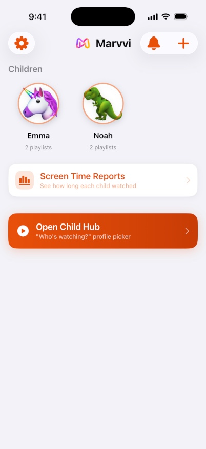 Marvvi parent dashboard with children, screen time reports and child hub