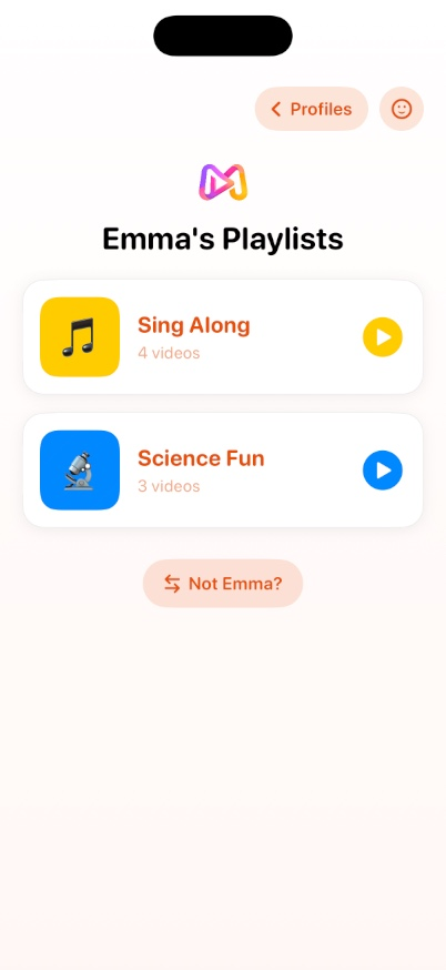 A child's playlist list inside Marvvi